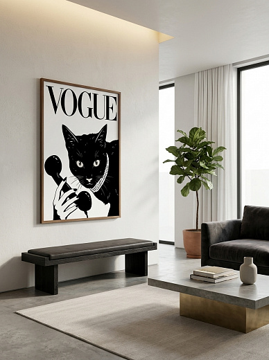 картинка Постер на стену Vogue — чёрный кот с телефоном от магазина Одежда+