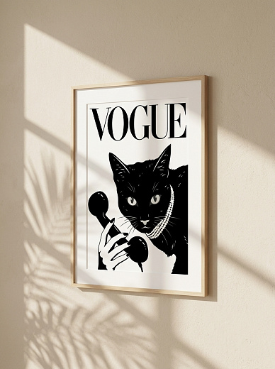 картинка Постер на стену Vogue — чёрный кот с телефоном от магазина Одежда+